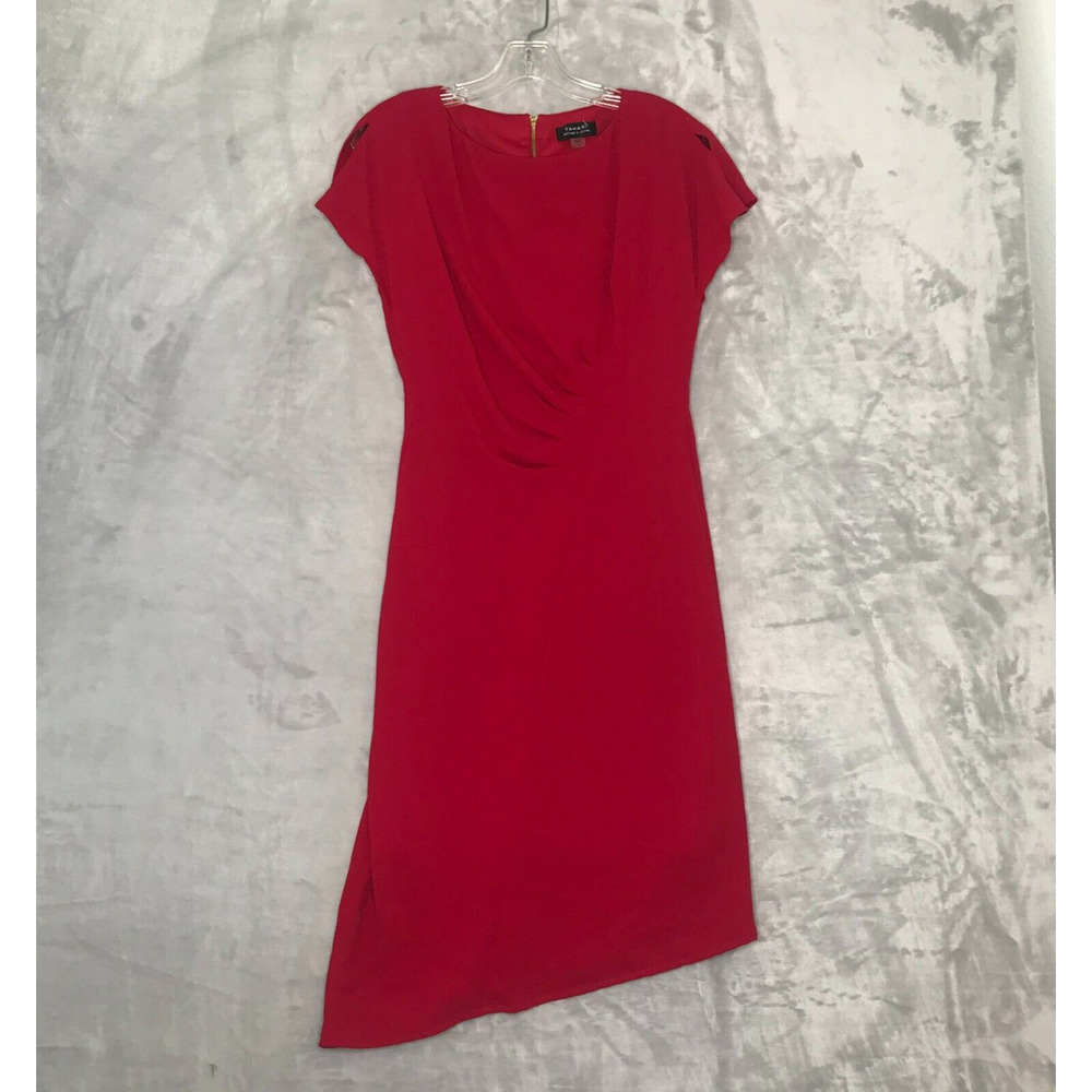 Tahari Dress Womens 6 Red Sheath Split Cap Sleeve Ruched Waist Asymmetric Hem